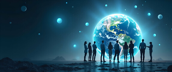 Poster - Photo Realistic: A Group of People Designing Business Processes with an Earth Model in a Fantastical Background - Creative Global Business Process Design Concept for Stock Photos
