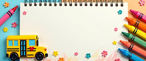 Poster - Photo Realistic School Bus with Notebook and Crayons - Whimsical Background for Creativity and Learning, Perfect for Educational Themes and Child Development Concepts.