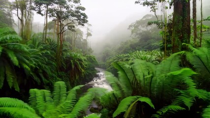 Poster - Lush Rainforest Landscape Vibrant Ferns and River Scene
