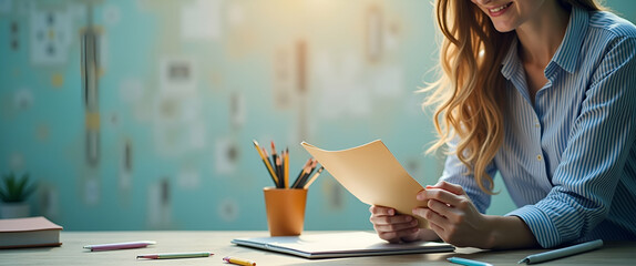 Poster - Photo Realistic Reporter with Notebook and Fact Check Icon: Whimsical Background for Reporting Accuracy and Fact Checking Graphics