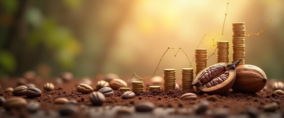 Poster - Photo realistic as Cocoa Pods and Horizontal Chart concept as Cocoa pods and a horizontal chart on a whimsical background offering ample space for text or graphics symbolizing steady cocoa commodity v