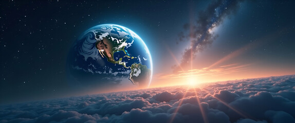 Poster - Photo Realistic Earth Morning and Starry Space Concept: A Stunning View of Earth at Dawn with a Cosmic Background, Perfect for Symbolizing New Beginnings and the Infinite Universe in Stock Photography