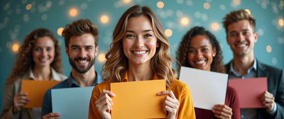 Poster - Photo realistic as People with Sparkling Hiring Notices and Happy Smiles concept as A group of people holding sparkling hiring notices with happy smiles set against a whimsical background offering amp