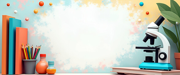 Poster - Photo Realistic School Supplies: Microscope & Science Book Set Against Whimsical Background - Perfect for Educational Themes, Science Discovery, and Learning Excitement.
