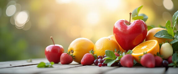Poster - Photo Realistic Nutritionist with Fruits and Heart Symbol: Dreamy Background for Health and Nutritional Care in Community - Stock Image Concept