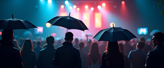 Poster - Photo realistic as People with Umbrellas and Outdoor Concerts concept as A group of people with umbrellas attending outdoor concerts during a rain shower set against a dreamy background offering ample