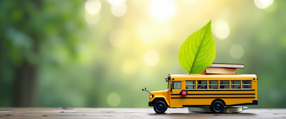 Poster - Photo Realistic School Bus Surrounded by Books and Leaves - Symbolizing Education and Nature in a Dreamy Background for Creative Projects