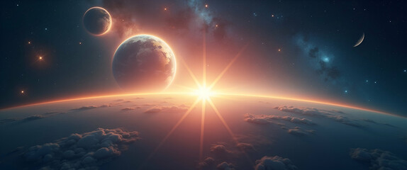 Poster - Photo Realistic Earth Morning and Space Stars Concept: A Dreamy View of Earth at Dawn with Cosmic Stars, Perfect for Text and Graphics in Photo Stock.