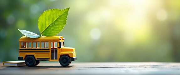 Poster - Photo realistic School Bus with Books and Leaf Concept - A vibrant school bus stacked with books and adorned with a leaf, set against a dreamy background, symbolizing education and nature.