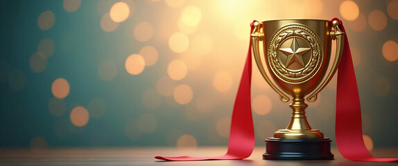 Poster - Photo Realistic Honor Badge with Medal and Trophy Concept - A Whimsical Background for Achievement and Rewards in Stock Photography