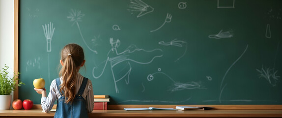 Poster - Photo Realistic Student with Chalkboard and Apple: A Dreamy School Life Concept for Educational Graphics and Text Space