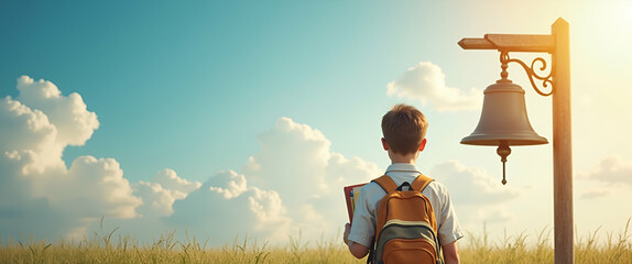 Poster - Photo Realistic Student with Books and School Bell: A Dreamy Background for Traditional School Life Concepts in Stock Photography