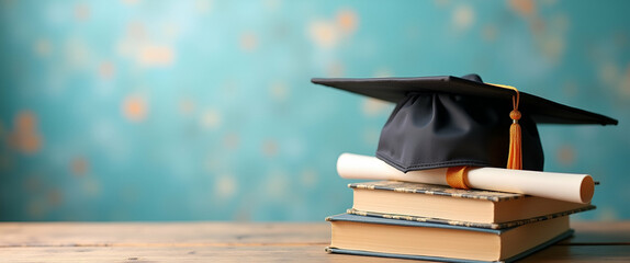 Poster - Photo Realistic Graduation Cap with Diploma and Books on Whimsical Background - Celebrate Academic Achievements and the Joy of Learning