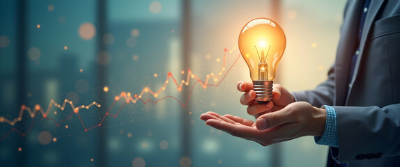 Poster - Photo Realistic Consultant with Lightbulb and Graph: A Creative Visual Concept for Innovative Business Strategies and Ideas in Stock Photography