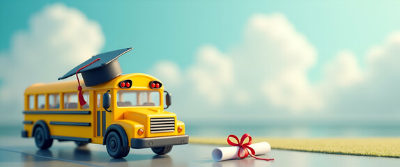 Poster - Photo Realistic School Bus with Graduation Cap and Diploma - Symbolizing the Journey from First Day of School to Graduation, Dreamy Background, Ample Space for Text or Graphics.