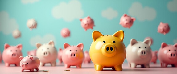 Poster - Photo realistic as People with Floating Piggy Banks and Smiling Faces concept as A group of people with floating piggy banks and smiling faces set against a whimsical background offering ample space f