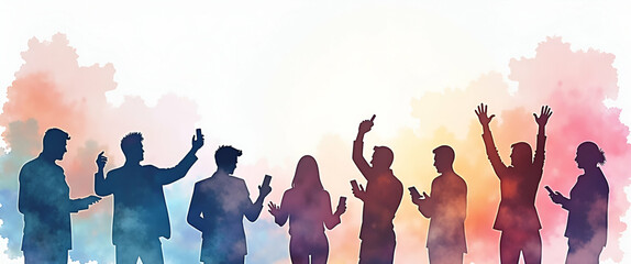 Poster - Photo Realistic: Group of People Engaged in Watercolor Business Workshops with Smartphones, Whimsical Background, Creative Fusion of Art and Digital Tools, Ample Space for Text