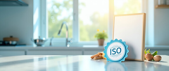 Poster - Photo realistic as Hygienic Kitchen with Certificate and ISO Badge concept as A hygienic kitchen setup with a certificate and an ISO badge set against a dreamy background offering ample space for text