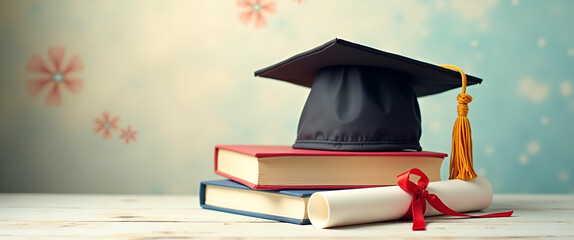 Poster - Photo Realistic Graduation Cap with Diploma and Books - Whimsical Background for Academic Achievements and Learning Joy - Perfect for Stock Images