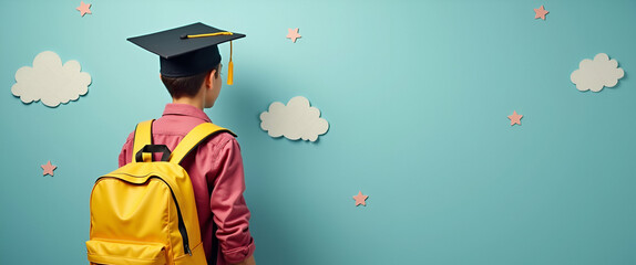 Poster - Photo Realistic Student with Backpack and Graduation Cap: A Whimsical Journey from First Day of School to Graduation - Perfect for Stock Images and Educational Themes