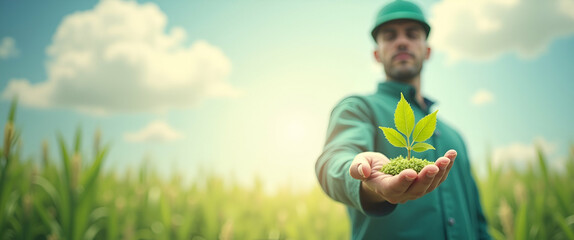 Poster - Photo Realistic Environmental Specialist with Eco Symbol and ISO14001 Certificate in Dreamy Background for Environmental Compliance and Specialization