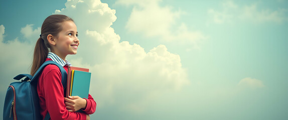 Poster - Photo realistic image of a student holding books beside a school bell, set against a dreamy background, symbolizing traditional school life with space for text.