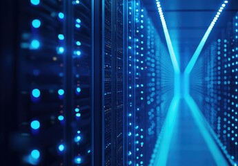 Poster - Blue-lit data center with symmetrical server racks and glowing LED lights in a futuristic corridor. Great for cybersecurity, IT infrastructure, and AI technology visuals