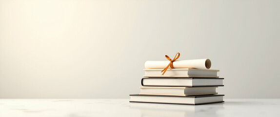 Poster - Photo Realistic Icon of Academic Achievement: Stack of Books and Diploma on Clean Background for Graduation Journey - Perfect for Educational Stock Images