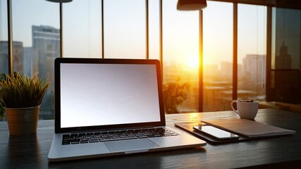Poster - Workspace with City View: An inviting workstation, complete with a laptop, notebook, and cup, captures the essence of productive work.