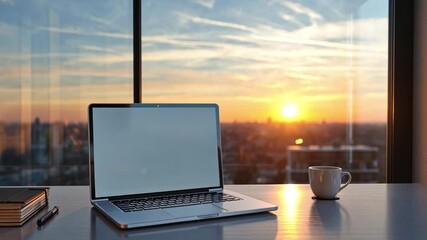 Poster - Laptop at Sunrise: A modern laptop sits on a sleek desk, its screen reflecting the soft glow of sunrise, next to a steaming mug and a thoughtful diary. A perfect blend of technology and tranquility.