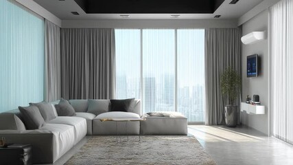 Poster - Modern Interior Living Space: A contemporary living space, bathed in natural light streaming through expansive windows, featuring a stylish sofa, elegant curtains, and a minimalistic design.