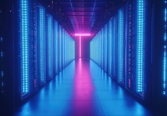 Poster - Symmetrical neon-lit server room with glowing blue racks and a bright pink cross-shaped light at the end. Perfect for futuristic data, AI, or digital transformation visuals