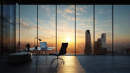 Poster - Skyline View From The Office: A sun-drenched office space provides a beautiful view, with natural light streaming through large windows. An office desk sits prominently.