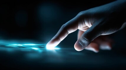 Poster - Touching Future: A close-up shot of a hand, gracefully touching a vibrant, glowing surface, symbolizes innovation, cutting-edge technology, and the potential of human interaction.