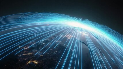 Poster - Global Network: The image portrays Earth enveloped in a network of glowing lines, representing interconnectedness and global digital communication, emphasizing the concepts of a network.