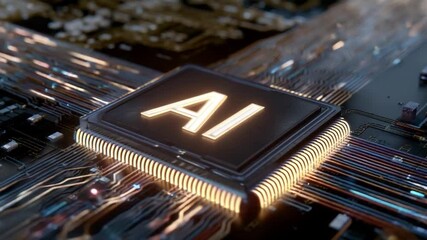 Poster - AI Chip: A cutting-edge AI chip, glowing with futuristic energy, rests atop a circuit board, symbolizing innovation in technology. The image emphasizes intelligence