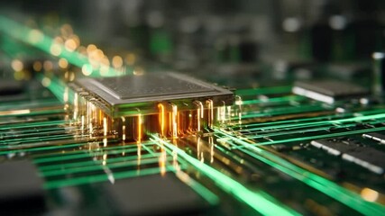 Poster - Technological Circuitry: A dynamic shot of microchips and circuit boards, with energy flowing through the intricate design of advanced technology. 