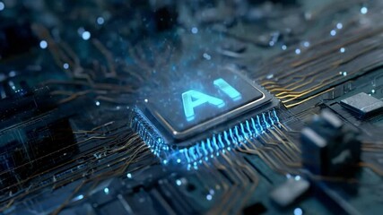 Poster - Illuminated AI Chip: A close-up shot showcases a modern AI microchip, its intricate circuitry glowing with an otherworldly aura, hinting at the cutting-edge technology and innovation.