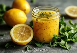 Fresh Lemon Dressing with Herbs in a Jar Surrounded by Ingredients for Healthy Cooking and Natural Flavors on a Textured Background
