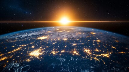 Wall Mural - Stunning sunrise over Earth view from space with city lights and bright stars