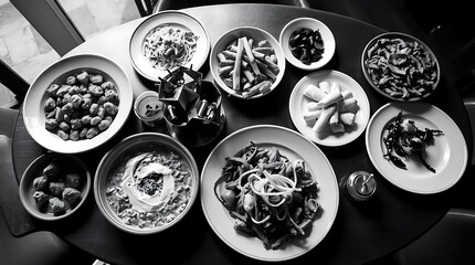 a classic black and white photograph of a restaurant food spread, viewed from above, elegant and tim