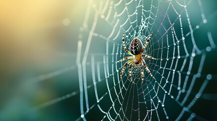 Marbled orb weaver spider on a glistening web with water pearls high resolution photo