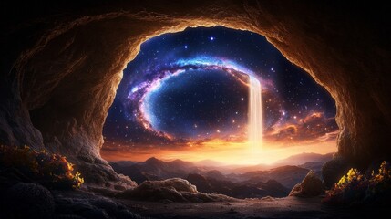 Wall Mural - Cosmic waterfall cascading from a mystical cave entrance