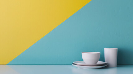 Aufkleber - Minimalist Table Setting with White Dishes against Bright Colorful Wall in Fresh Design