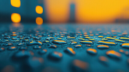 Poster - Close-Up of Water Droplets on Surface with Soft Bokeh Background at Sunset