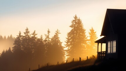 Wall Mural - serene sunset view of a cabin surrounded by tall trees in a misty forest landscape