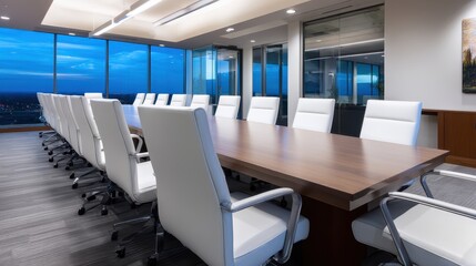 Aufkleber - Modern conference room with large table and panoramic windows overlooking city skyline at dusk