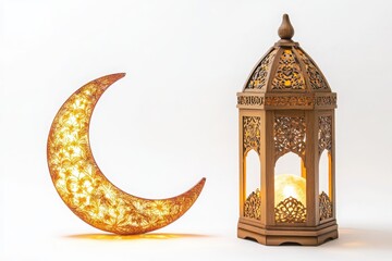 Poster - Isolated Eid decorations alongside a moonlight lamp on white background.