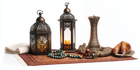 Poster - Isolated Eid decor lights with a prayer kit on white background.