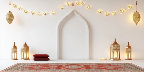 Poster - Eid decorative lights and prayer kit, isolated neatly on white.